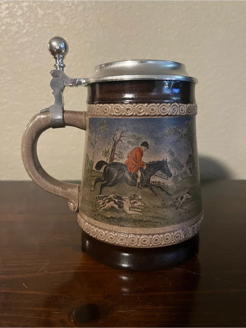 Vintage Marzi & Remy German ceramic beer stein featuring a 